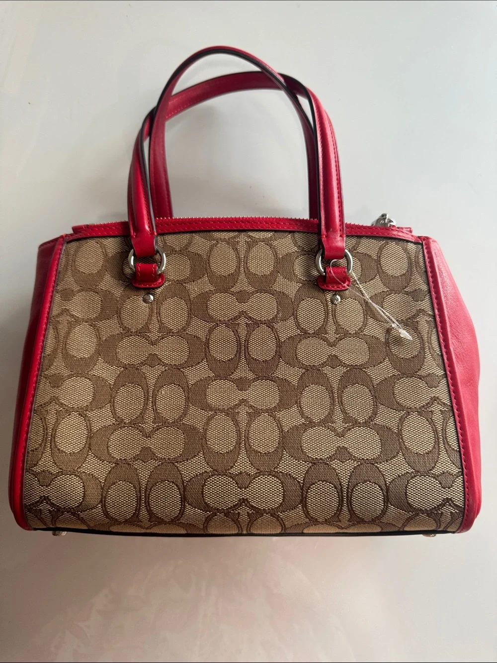 Coach Stanton Carryall Brown Signature Canvas Satchel with Red Trim